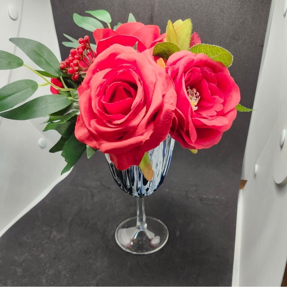 Hand Crafted Floral Table Centerpiece  Summer Red Roses Flower Wine Glass